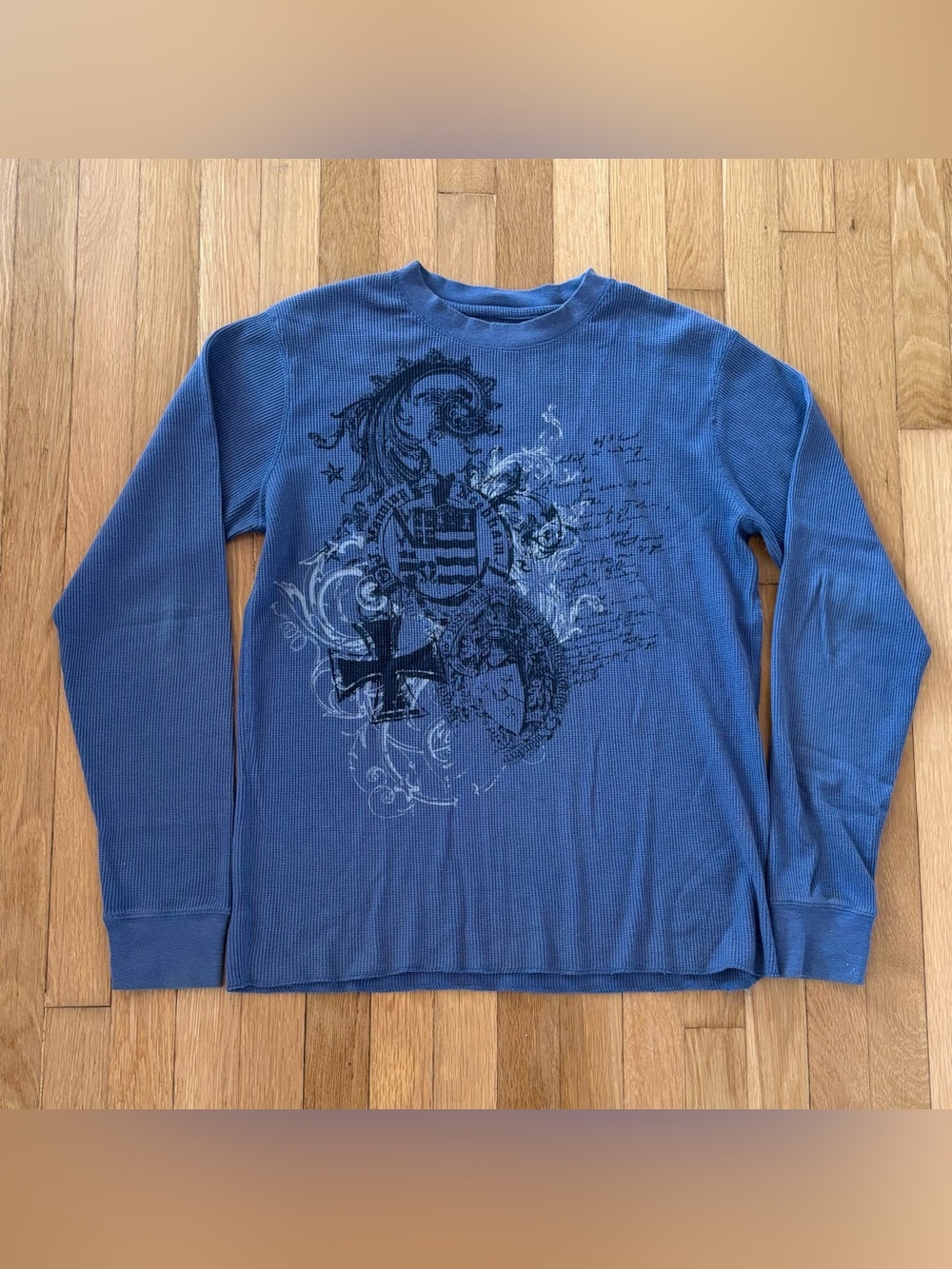 Vintage Machine Waffle Knit Long Sleeve Thermal Y2K Graphic Goth Grunge Large